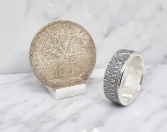 100 Francs &quot;Pantheon&quot; coin ring in silver, wedding ring style with engraving (coin ring)