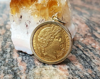 20 Franc coin pendant "Cérès" stoned edge in gold