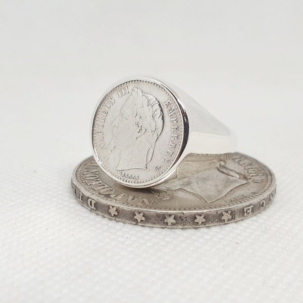 Chevalière massive pièce de monnaie 50 centimes Napoléon III en argent (coin ring)