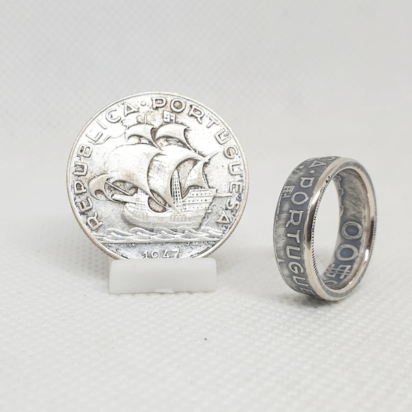 Bague pièce de monnaie 5 Escudos du Portugal en argent (coin ring)