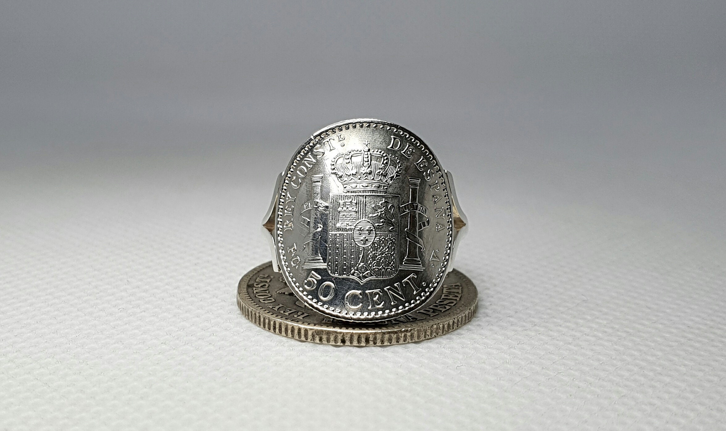 Bague Pièce De Monnaie En Argent - 50 Cent D'Espagne Cintrée - Neuf Avec étiquettes