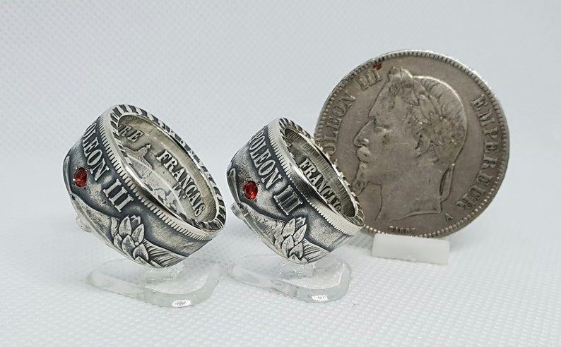 Set Ring coin 5 and 5 Franks Napoleon III silver set with a ruby ring corner