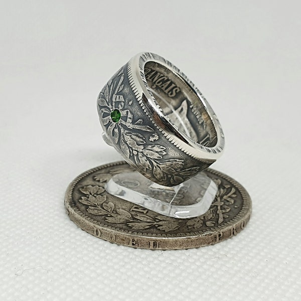 Bague pièce de monnaie 5 Francs Louis Philippe en argent serti d'une tsavorite (coin ring)