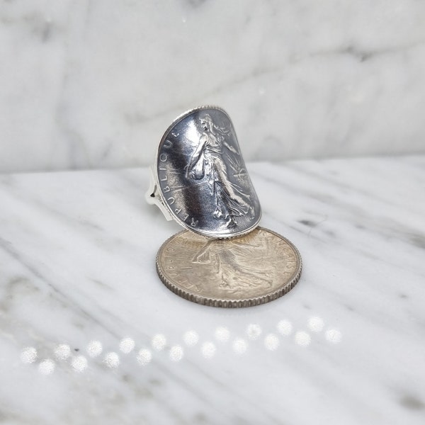 Bague pièce de monnaie 1 Franc Semeuse cintrée en argent