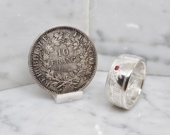 Coin ring 10 Francs Hercules silver set with a ruby (coin ring)