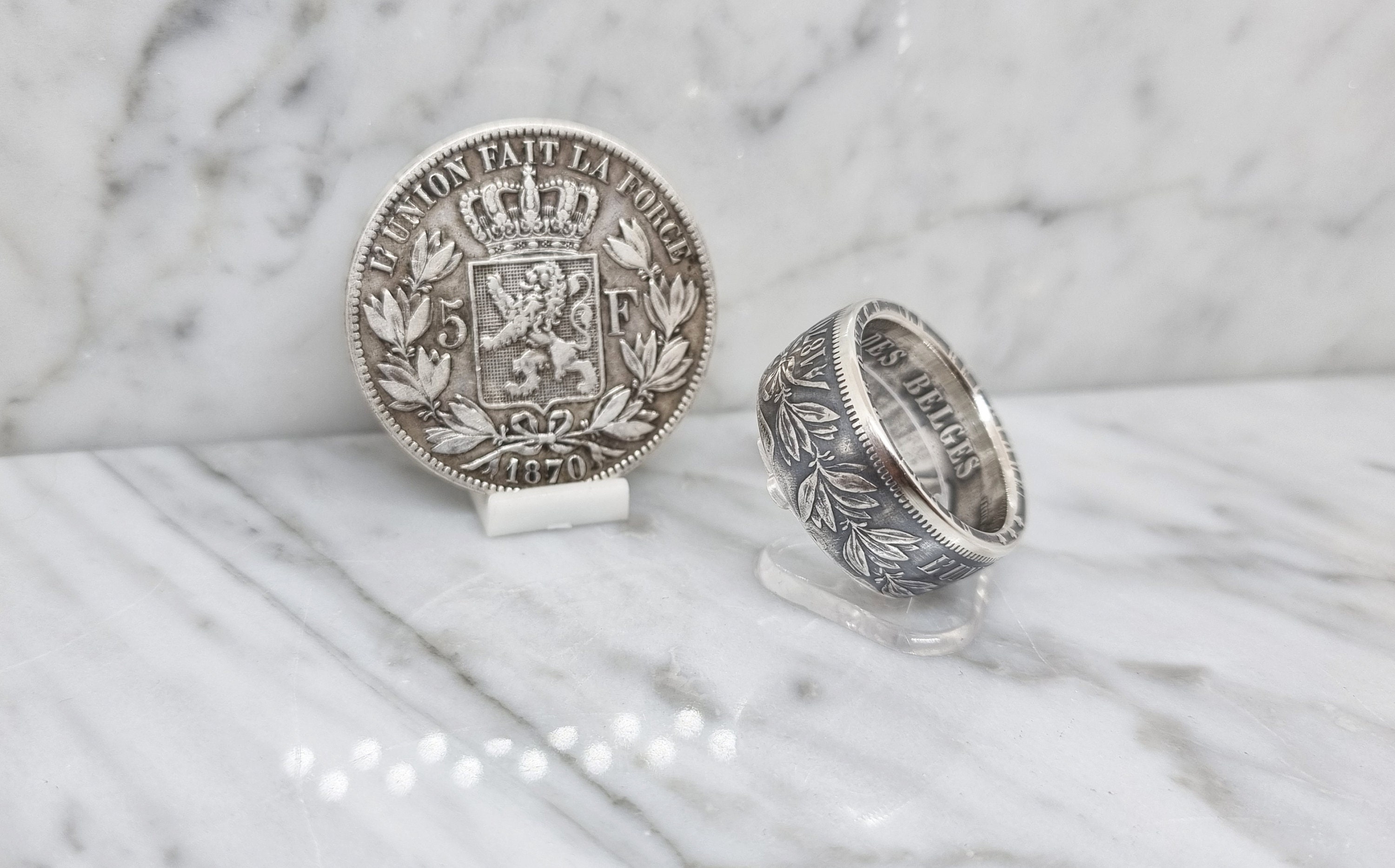 Bague Pièce De Monnaie En Argent - 5 Francs Belgique - Neuf Avec étiquettes - AntiqueCoinRings
