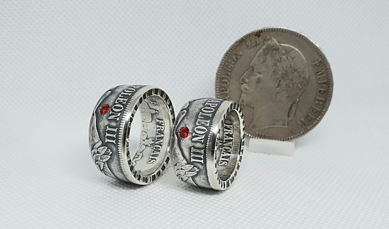 Set Ring coin 5 and 5 Franks Napoleon III silver set with a ruby ring corner