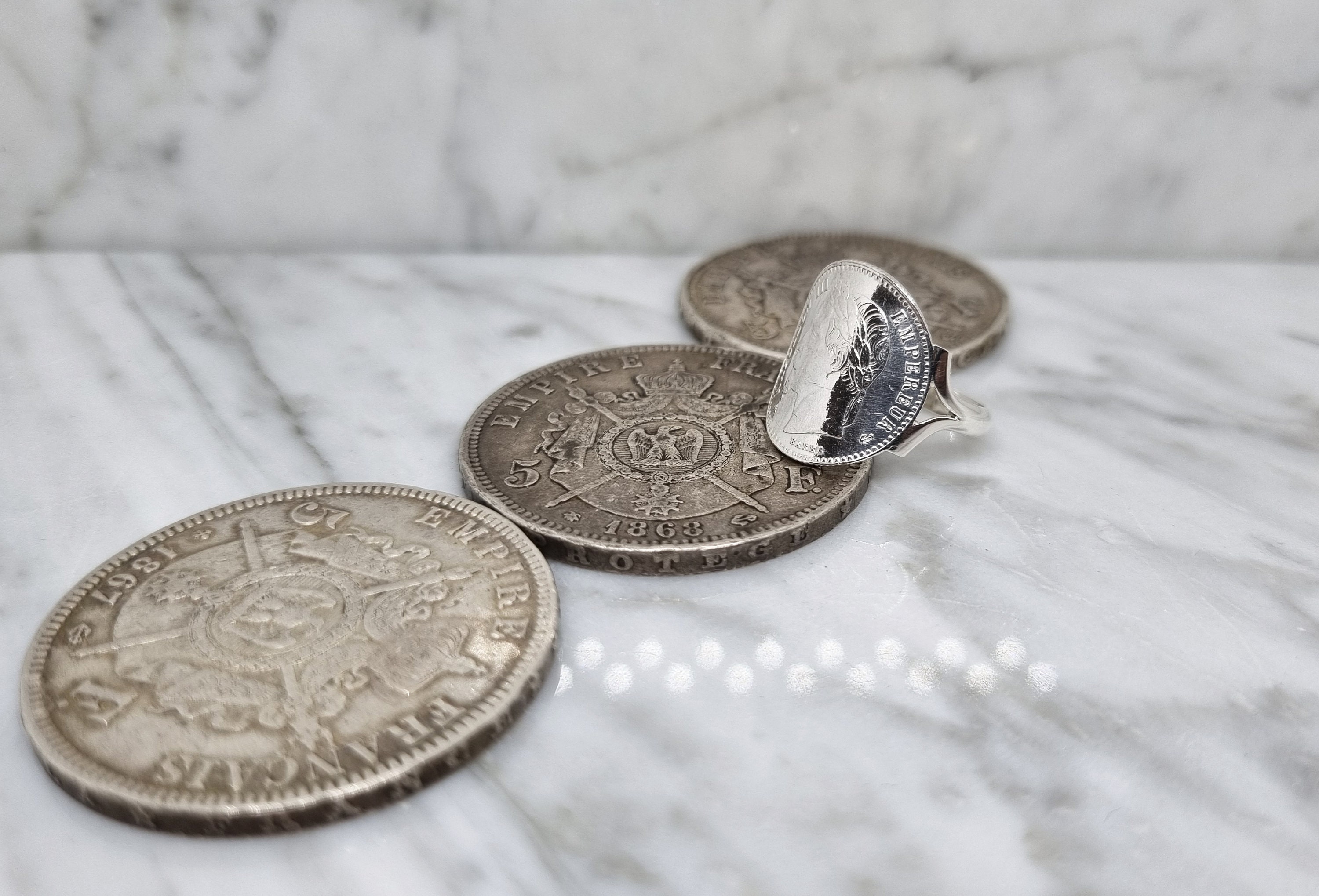 Bague Pièce De Monnaie Argentée - 50 Centimes Napoléon III Tête Laurée - Neuf Avec étiquettes