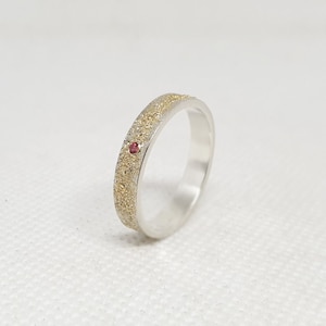 rustic moon piece ring in sterling silver and 18k gold set with a ruby