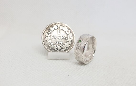 Bague En Argent Avec Pièce 5 Francs Louis Philippe Et Tsavorite - Neuf Avec étiquettes