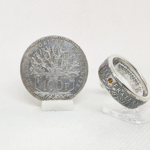 Bague pièce de monnaie 100 Francs "Panthéon" en argent serti d'une citrine (coin ring)