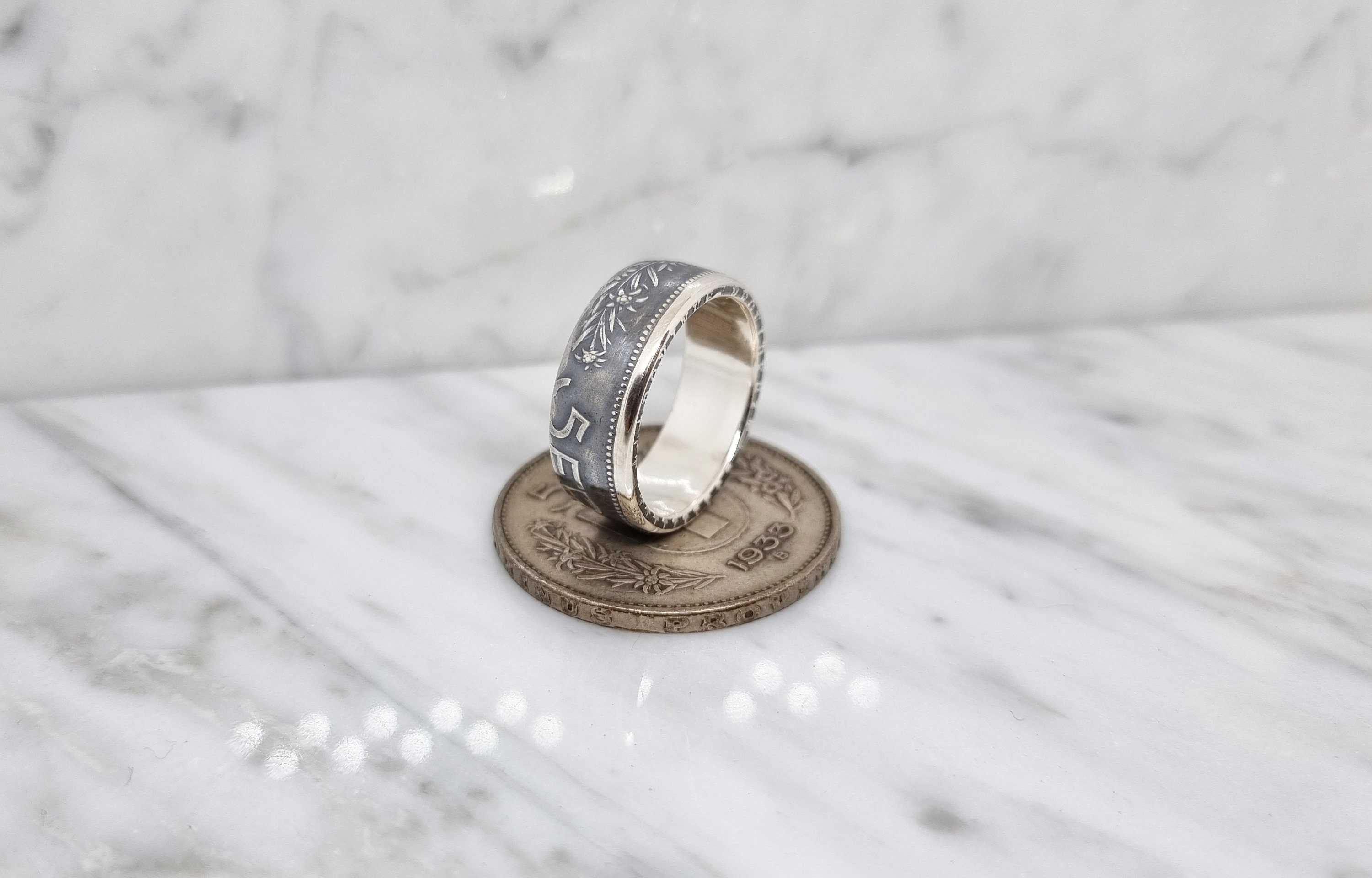 Bague Alliance Pièce 5 Francs Suisse Argent – Gravure – Neuf Avec étiquettes