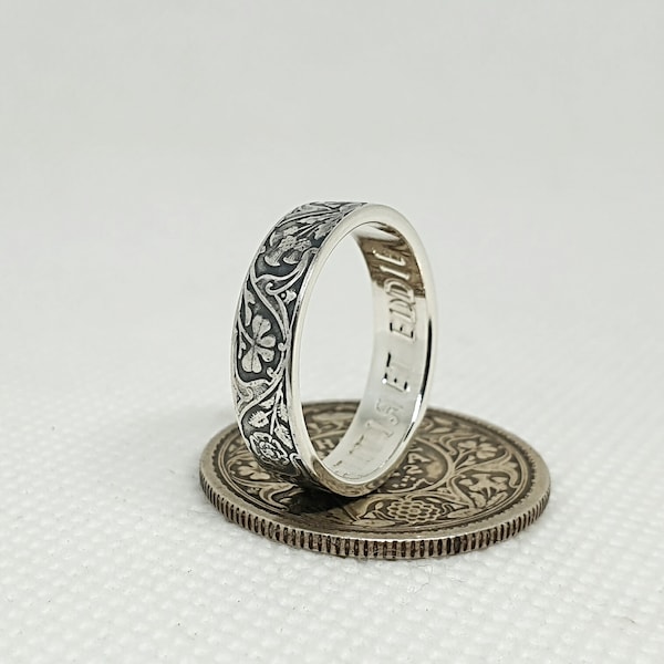 Bague pièce de monnaie Demi Rupee d'Inde en argent style alliance avec gravure (coin ring)