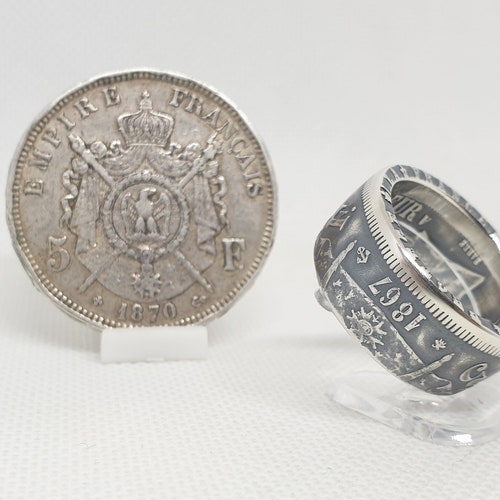 Coin shops ring 5 Francs Napoleon III in silver (corner ring)