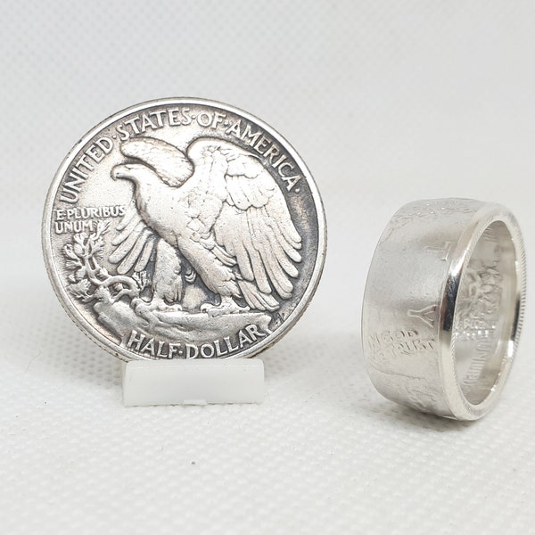 Bague pièce de monnaie 1/2 Dollar "Liberty Walking" des Etats-Unis en argent (coin ring)