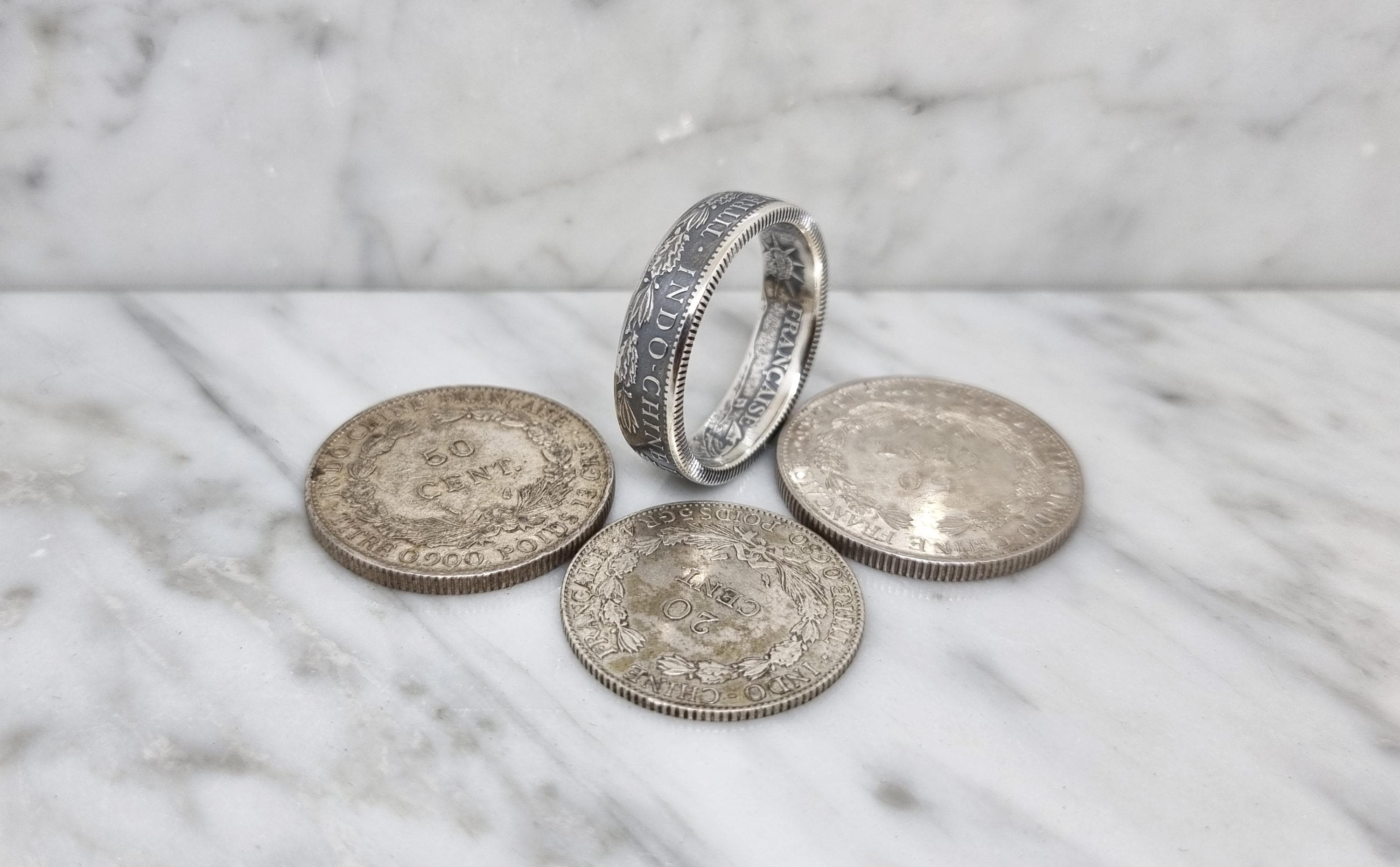 Bague Pièce De Monnaie 20 Centimes D'Indo-Chine En Argent - Anneau Simple Neuf Avec étiquettes