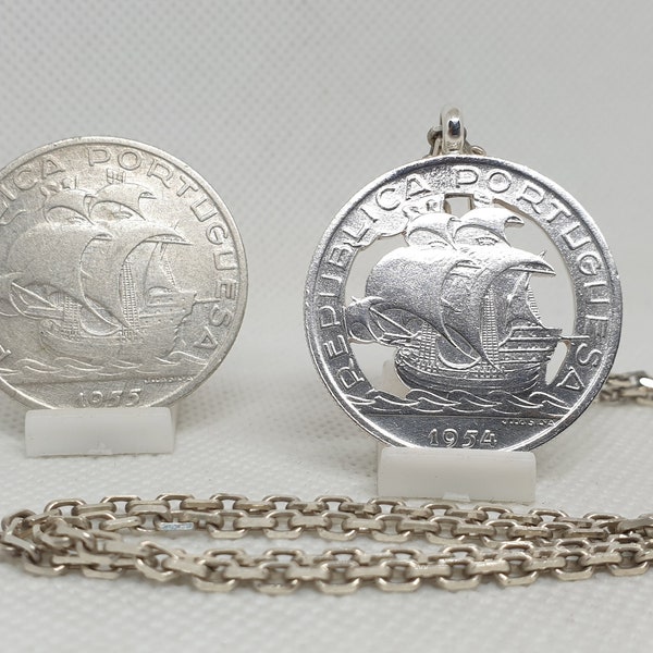 10 Escudos coin pendant from Portugal in hand-cut silver