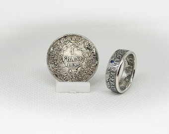 Ring coin 1 franc Silver Ceres set with a sapphire (ring corner)