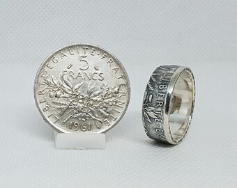 5 Francs Semeuse silver coin ring in wedding ring style (coin ring)