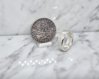 5 Francs Sower coin ring in silver, wedding band style with engraving (coin ring)