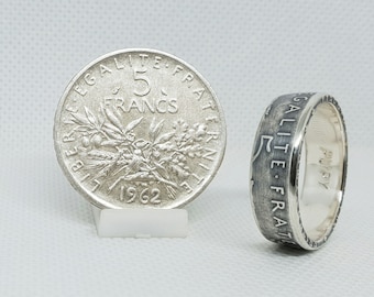 5 Francs Sower coin ring in silver, wedding band style with engraving (coin ring)