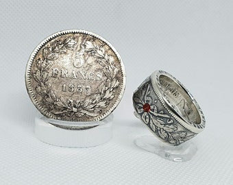 Bague Argent Avec Pièce 5 Francs Louis Philippe Et Deux Rubis - Neuve Avec étiquettes
