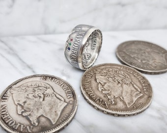 Visible Napoleon III 5 Franc coin ring in silver set with a ruby, an emerald and a sapphire (corner ring)