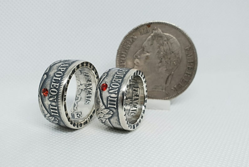 Set Ring coin 5 and 5 Franks Napoleon III silver set with a ruby ring corner