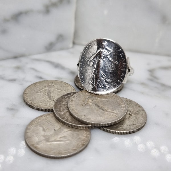 Bague pièce de monnaie 50 Centimes Semeuse cintrée en argent