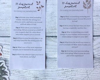 Peut inclure: Deux cartes avec un démarrage de journal de 10 jours pour créer une habitude de journalisation. Chaque carte contient une liste d'invites pour chaque jour du journal.