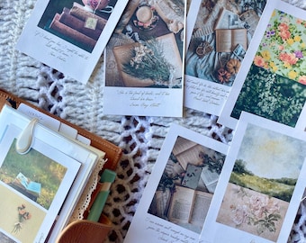 May include: A collection of six vintage-style postcards with various images and quotes. The postcards feature images of books, flowers, and a cup of tea. The quotes include: "If I had you, I might add it to the list of what I want", "She is a true friend of books, and it has proved for her brain", "This could be the wittiest way to get life to go with change and to grow old with promise", "I can write well enough on my own, if you'll prepare really wonderful", and "Dear diary..."