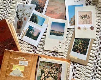 May include: A brown leather journal with a variety of decorative elements, including a floral print, a white pen, and several small photos. The photos are of nature scenes, including trees, flowers, and birds.