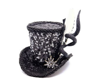 Heels, Lipstick, Sparkles, Action! Mini Top Hat Recital Burlesque Performance Costume Accessory Sequin Black Silver Pendant Feather Spiral