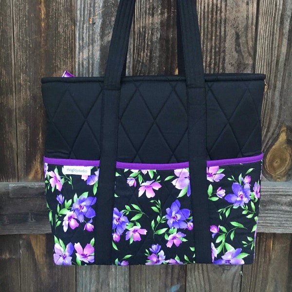 Ready to Ship Out Today Black and Purple Floral Work Tote Bag, Quilted Laptop Bag with Zipper Closure, Work Bag with Inside Pockets