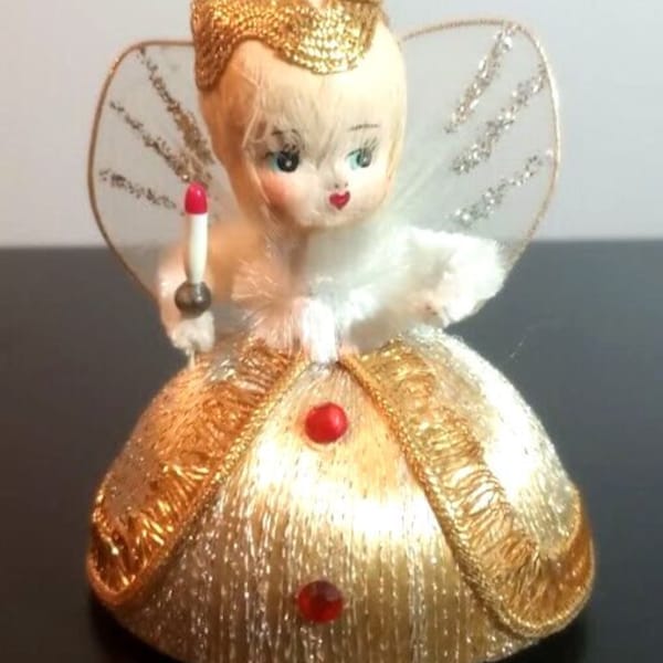 Christmas Vintage Angel W/ Candle Gold Chenille Spun Cotton Head Blonde Hair