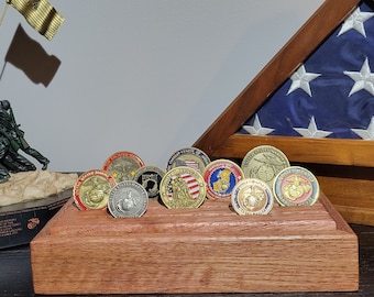 Personalized Military Challenge Coin Display Box • Solid Oak Coin Holder with Storage • Marine Corps, Army, Navy, Air Force, Veteran Gift