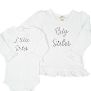 Custom Big Sister White Ruffled Shirt and Little Sister bodysuit, matching sibling set