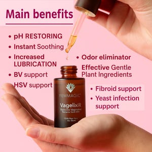 May include: A brown glass bottle of Vagelixir, held in a hand, with a dropper dispensing liquid. The bottle has a label with the brand name FEMMAGIC and product details. The image includes text highlighting the product's benefits, such as pH restoring and lubrication.
