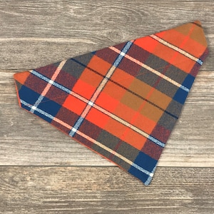 Fall Plaid Dog Bandana, Over the Collar, Flannel Orange & Blue Plaid, Slides on Collar, Puppy Bandana, Cat Bandana