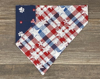 Patriotic Dog Bandana, Over the Collar Reversible Plaid with Stars and Paw Prints Bandana