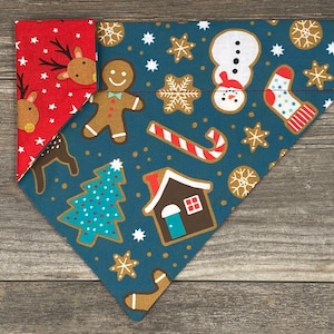 Christmas Dog Bandana, Over The Collar Reversible Gingerbread & Reindeer Bandana, Holiday Bandana