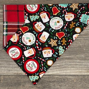 Christmas Dog Bandana, Over The Collar Reversible Cookies For Santa Dog Bandana, Red Plaid Dog Bandana, Holiday Bandana