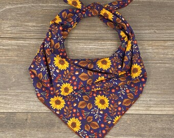 Sunflower and Fall Leaves Tie On Dog Bandana, Thanksgiving Dog Bandana