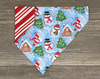 Snowman and Gingerbread House Dog Bandana, Christmas Over the Collar Reversible Dog Bandana, Candy Cane Dog Bandana