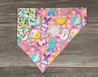 Easter Dog Bandana, Over The Collar, Reversible Easter Cookies On Pink Plaid and Spring Flowers