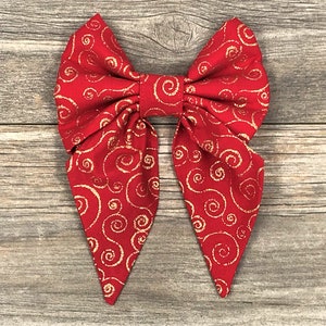 Christmas Dog Collar Bow-Sailor Bow-Red with Gold Swirls-Girl Dog Bow-Bow Tie-Collar Bow-Holiday Collar Bow-Christmas Bow
