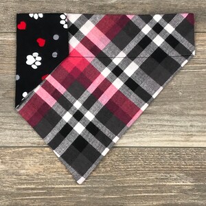 Pink & Gray Plaid With Paw Prints Dog Bandana, Over The Collar Bandana, Flannel Dog Bandana, Reversible, Slides On Collar, Valentine Bandana