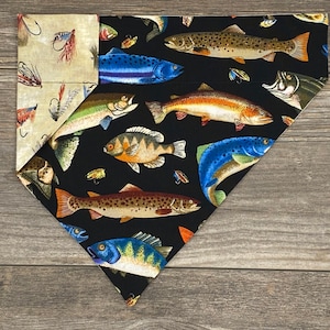 Fishing Dog Bandana, Over the Collar, Outdoors Dog Bandana, Sports Bandana, Reversible, Slides on Collar