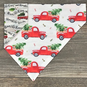 Christmas Dog Bandana, Over the Collar, Reversible, Little Red Vintage Truck, Slides on Collar, Holiday Bandana