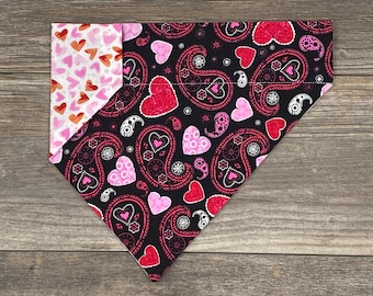 Valentine Dog Bandana, Over the Collar Reversible Red and Pink Paisley Hearts Bandana